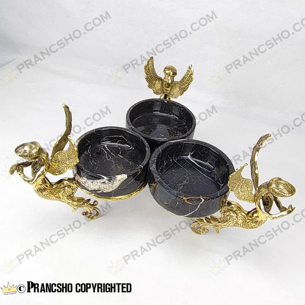 اردور خوری سه خانه سنگ مشکی خط سفید با پایه برنجی طرح آنجل — تصویر ۷
