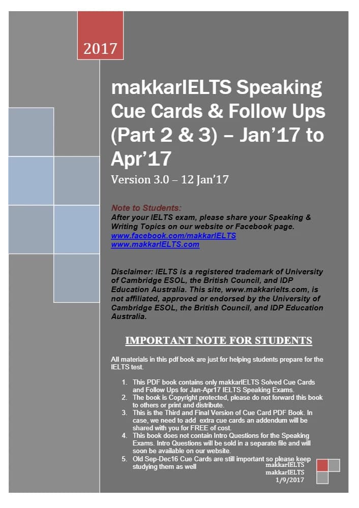 کتاب Makkar IELTS Solved Cue Cards (کیو کارتهای حلشده ماکار آیلتس، ژانویه تا آوریل ۲۰۱۷) نسخه انگلیسی PDF