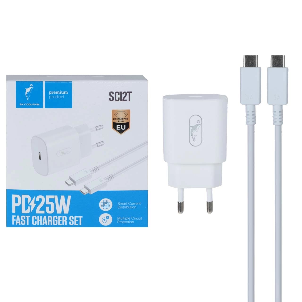 شارژر دیواری PD و فست تک پورت Sky Dolphin مدل SC12T 25W به همراه کابل شارژ Type-C To Type-C- سفید – TCO