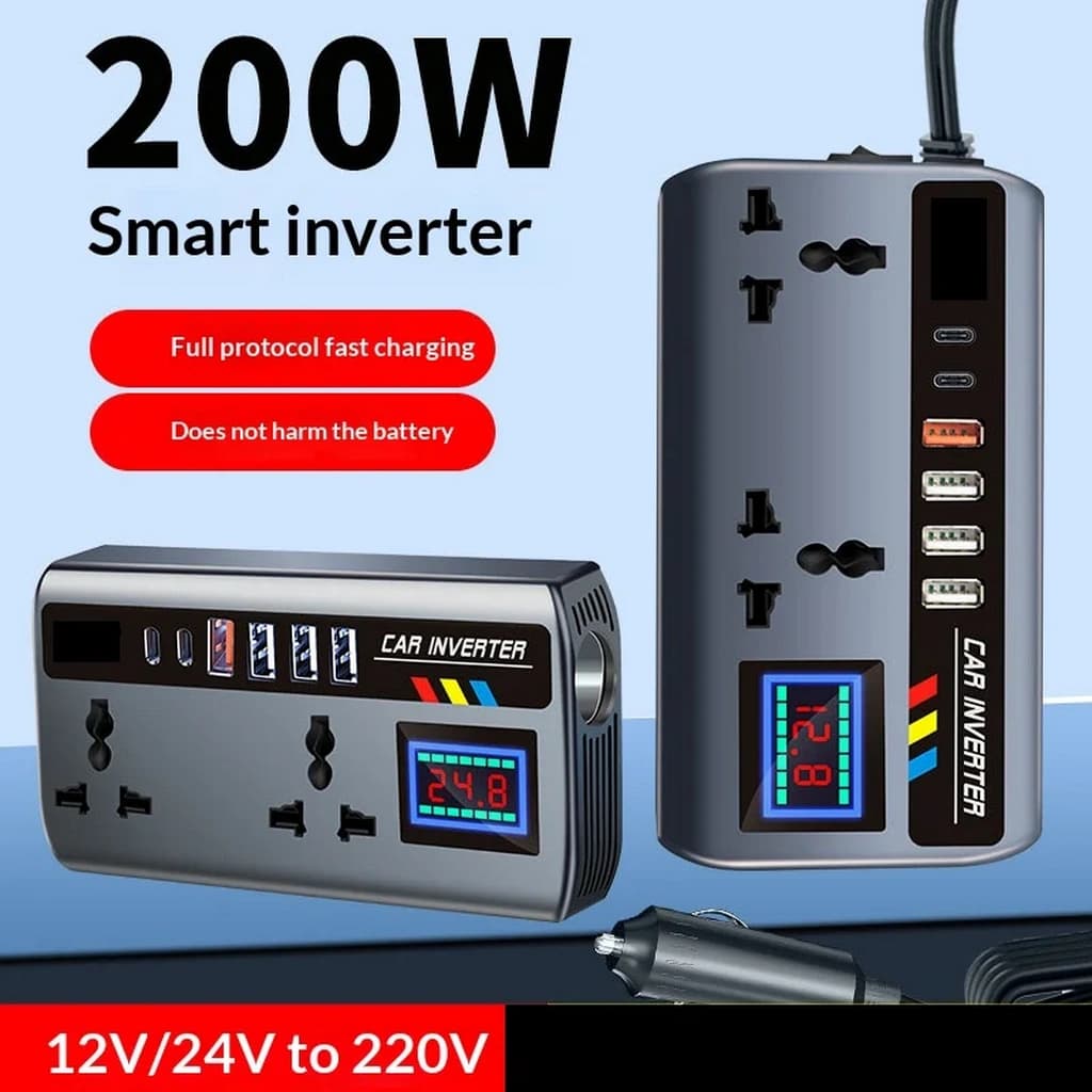 اینورتر خودرو 200 وات 12/24V به 220V با 3 USB، Type-C و شارژ سریع QC3.0 — تصویر ۲