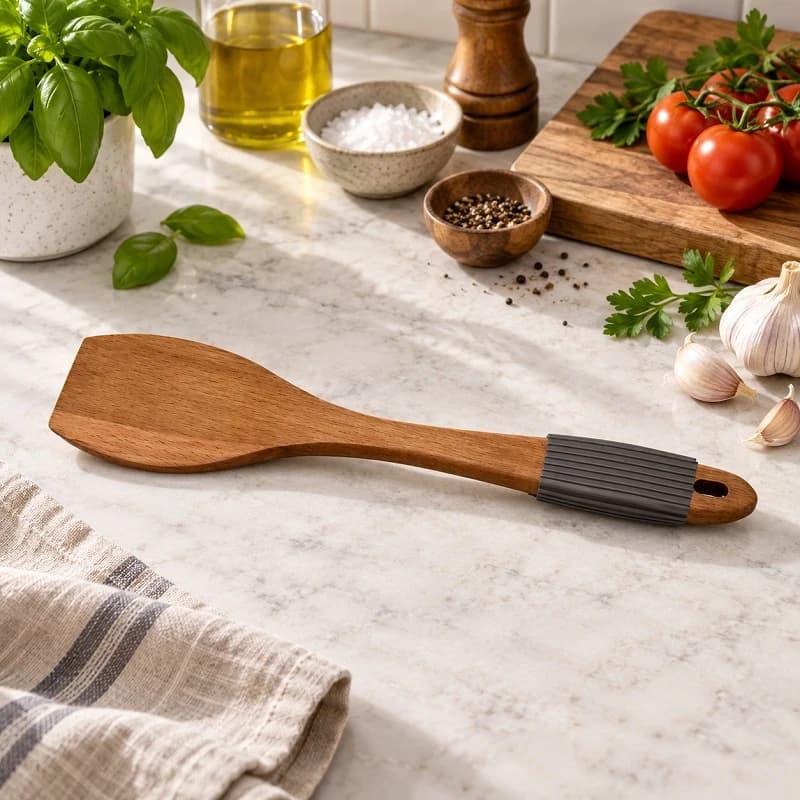 کفگیر تخت چوبی یونیک دسته سیلیکونی مدل UN-1110 — تصویر ۳