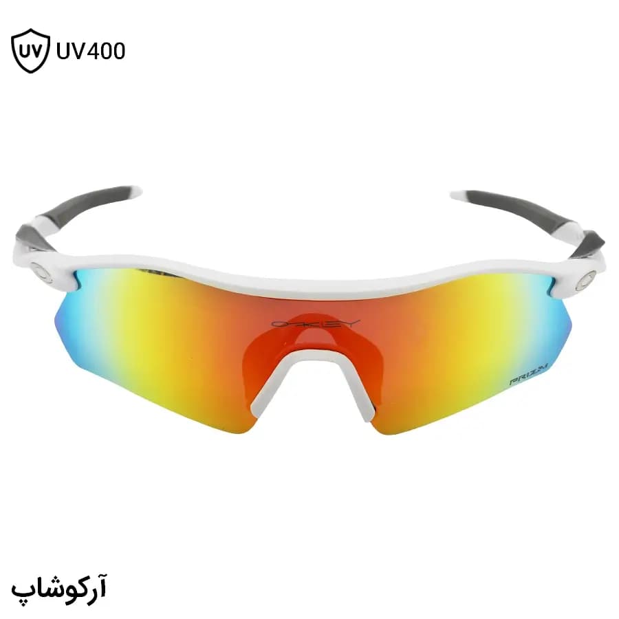 عینک ورزشی OAKLEY طرح RADAR با فریم سفید مات، نیم فریم و لنز جیوهای و چند رنگ مدل OO9495D — تصویر ۲