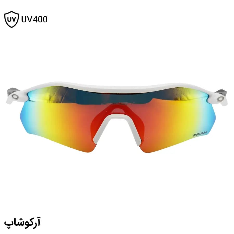 عینک ورزشی OAKLEY طرح RADAR با فریم سفید مات، نیم فریم و لنز جیوهای و چند رنگ مدل OO9495D — تصویر ۳