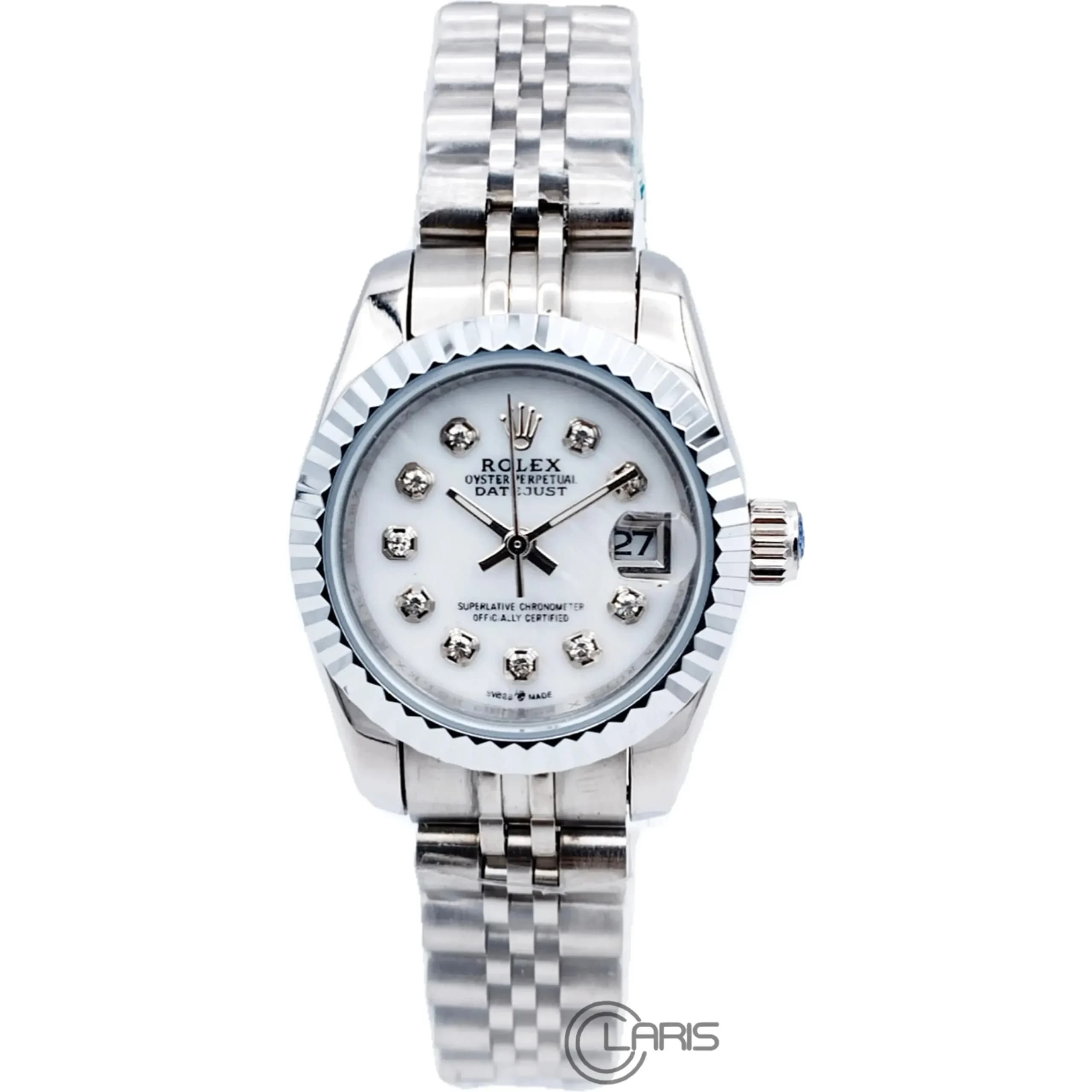 ساعت رولکس زنانه مدل Datejust بند استیل صفحه سفید صدفی