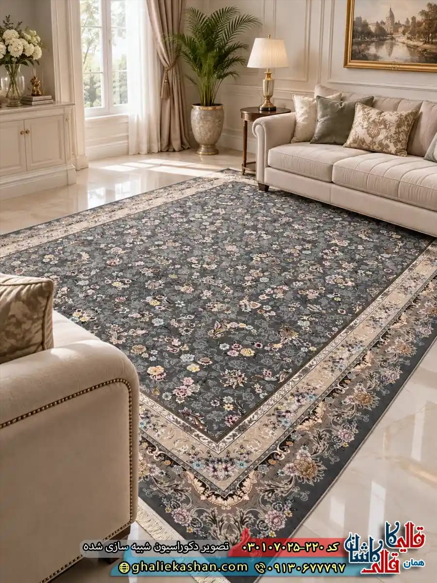 فرش کلاسیک 700 شانه طرح افشان آی گل رنگ طوسی کاشان 