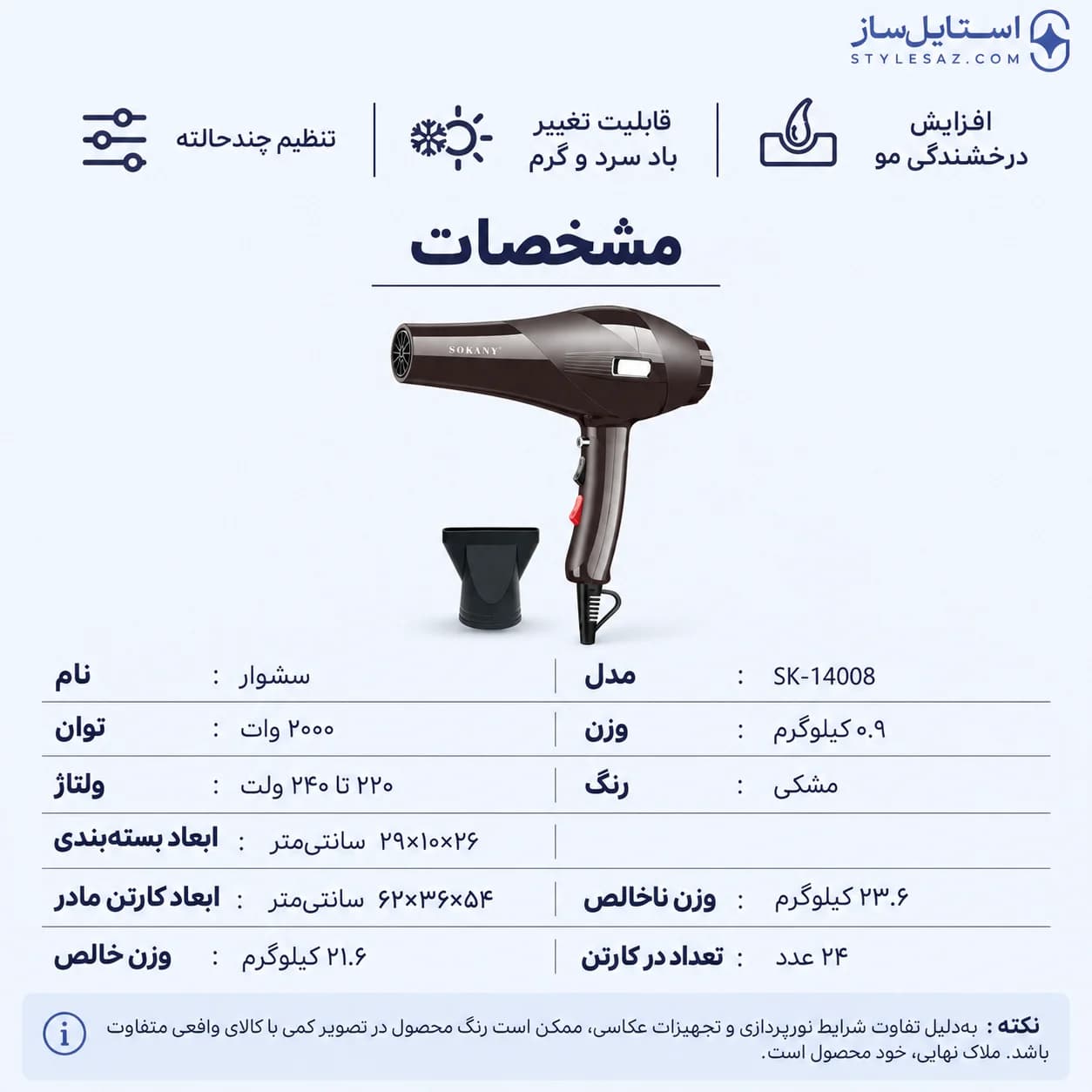 سشوار حرفهای سوکانی مدل SK-14008 توان ۲۰۰۰ وات — تصویر ۳