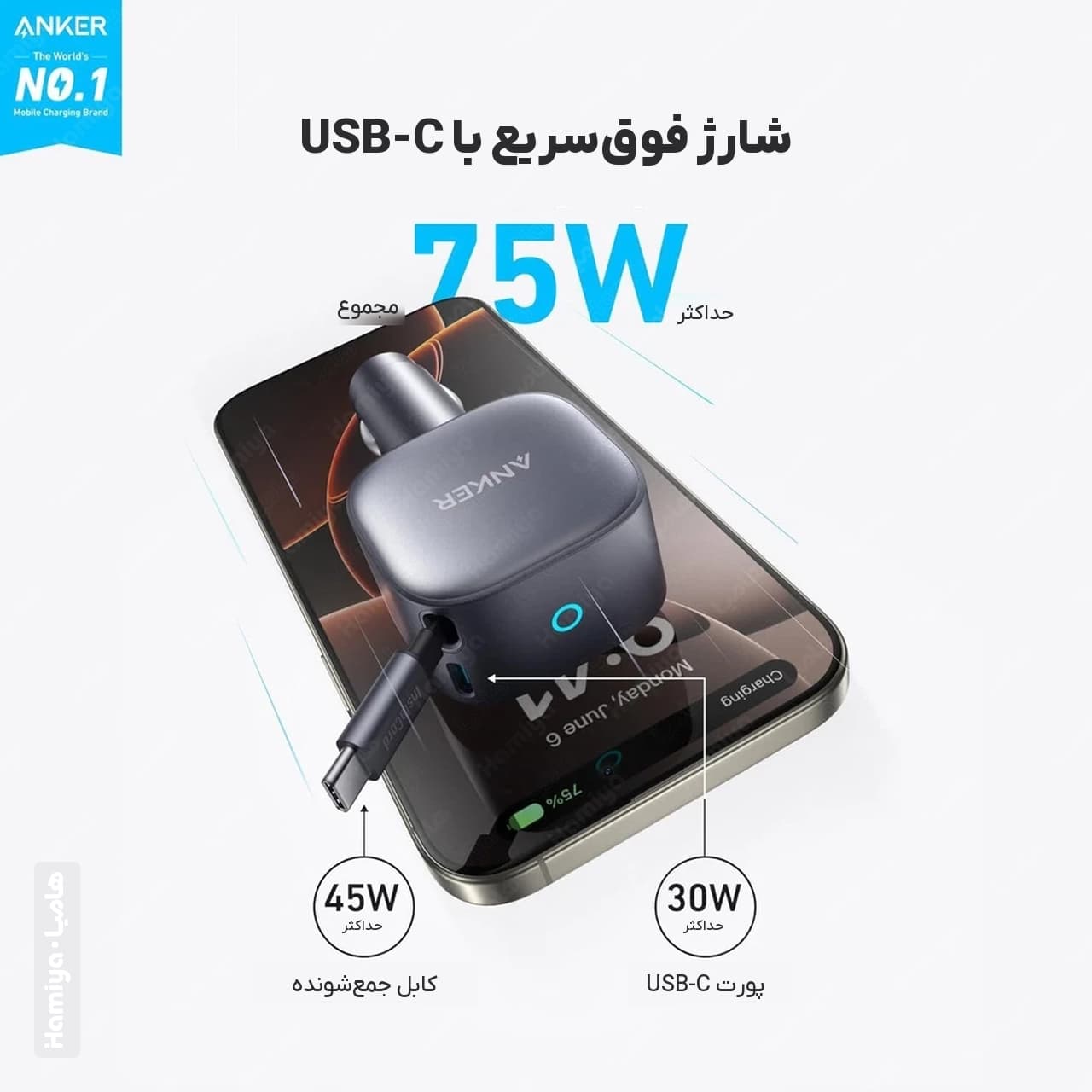شارژر فندکی انکر مدل Nano A2738 توان 75 وات با کابل جمع شونده تایپ سی — تصویر ۴