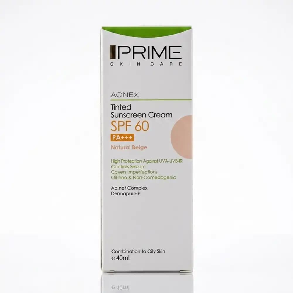 کرم ضد آفتاب SPF 60 رنگی پرایم (PRIME) مدل Acnex بژ طبیعی، فاقد چربی و ضد جوش حجم 40 میلی لیتری