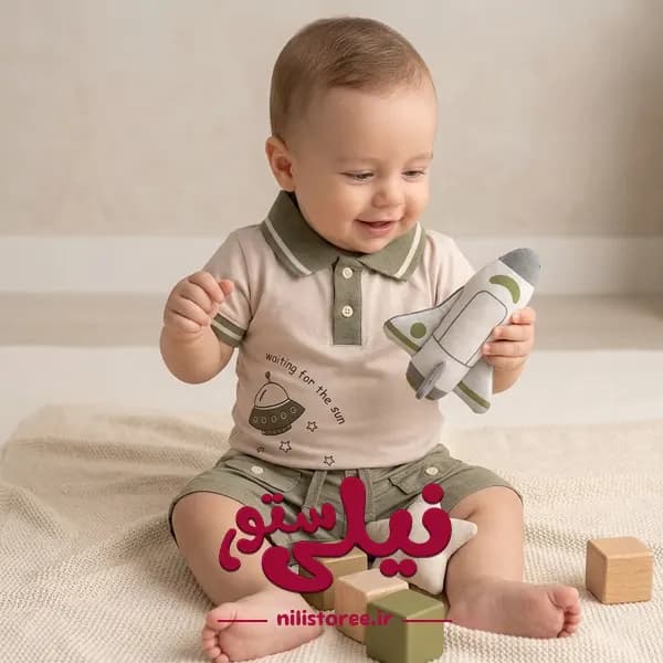 ست 2 تکه تیشرت شلوارک پسرانه لئوکینگ طرح سفینه کد 11812