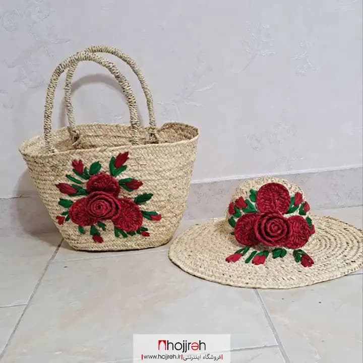ست ساک دسته فنری و کلاه حصیری سایز بزرگ گل دار کد SNV113