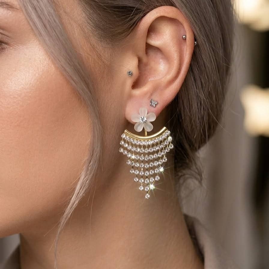 گوشواره گل با آویز نگینی دو حالته