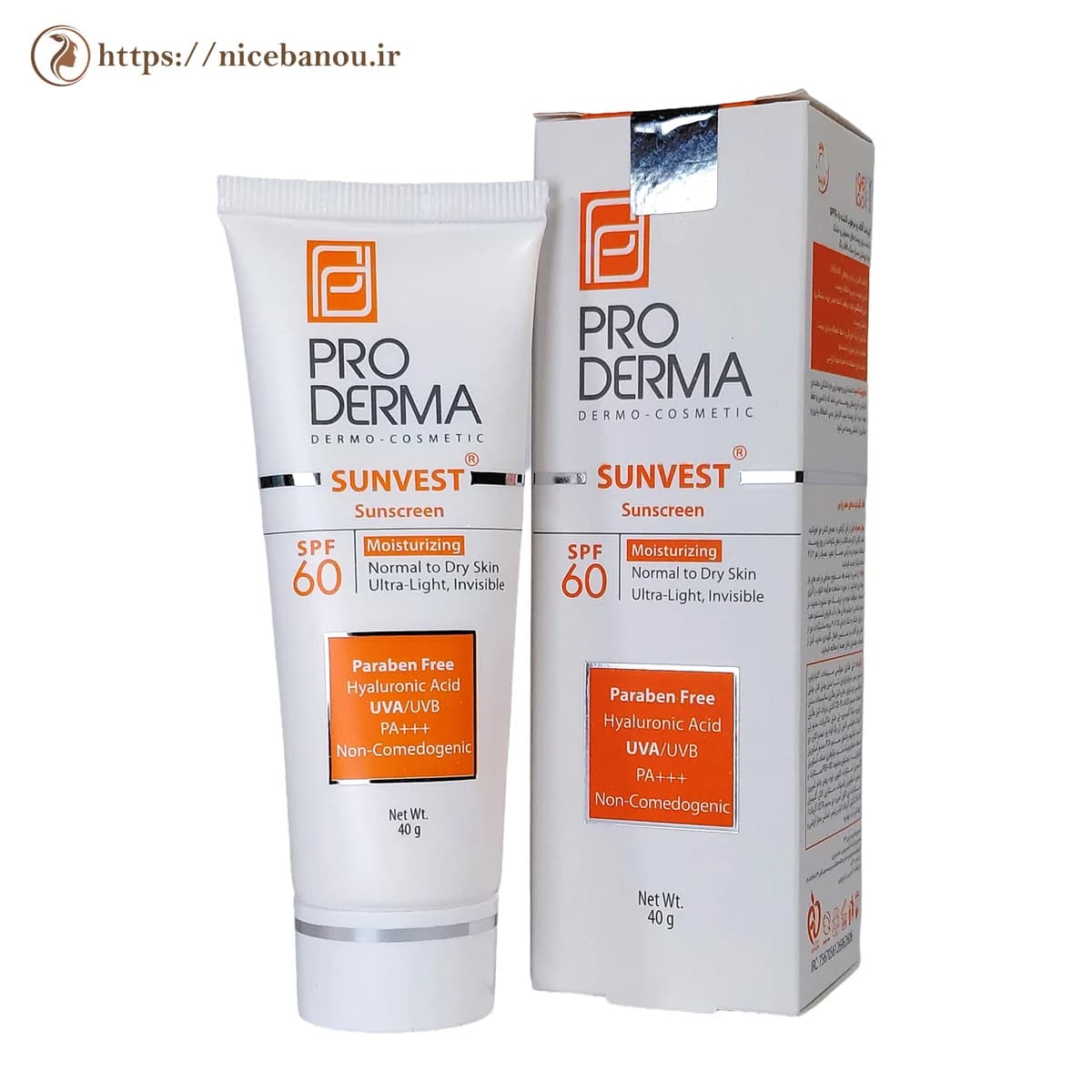 کرم ضد آفتاب و مرطوبکننده بیرنگ پرودرما Sunvest SPF60 مناسب پوست معمولی تا خشک 40 گرم
