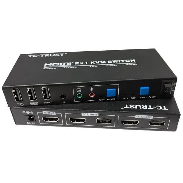سوئیچ کی وی ام 2 خروجی دستی+ریموت HDMI+USB تی سی تراست مدل TC-KSW-21U
