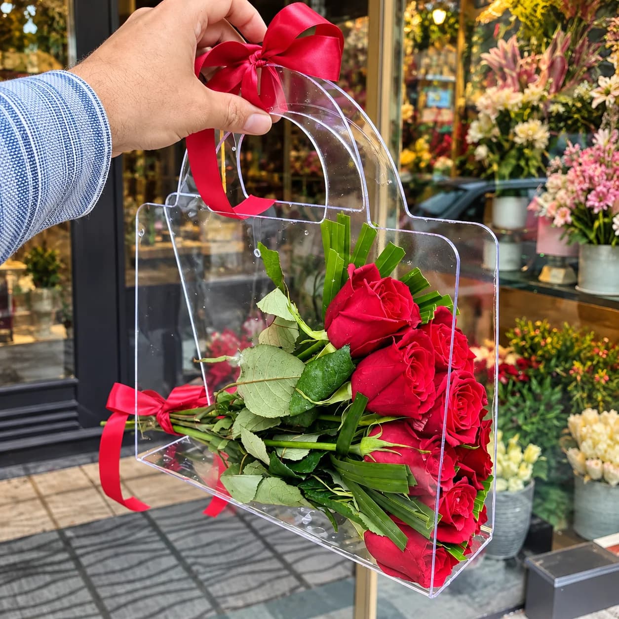 باکس گل رز هلندی درجه یک 8 شاخه ای مدل کیف کد 57825