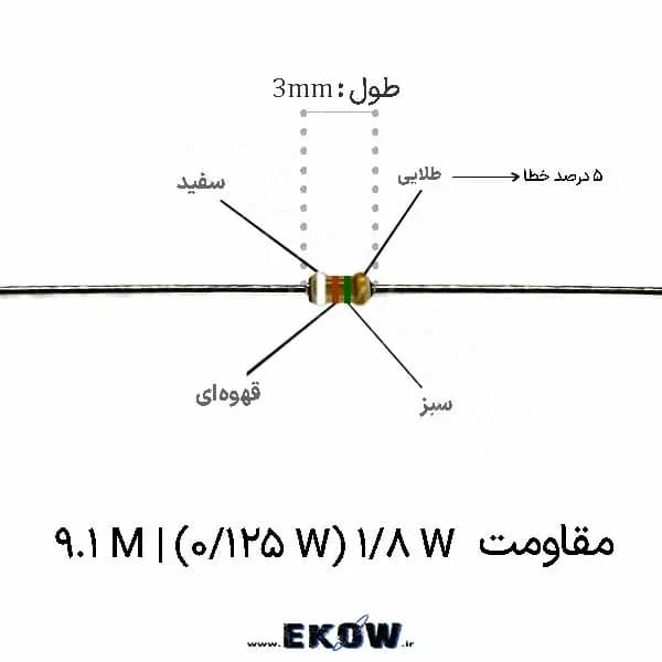 مقاومت 1/8 وات 9.1 مگا اهم ( 1/8W 9.1M ) پک 5000 عددی