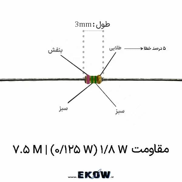 مقاومت 1/8 وات 7.5 مگا اهم ( 1/8W 7.5M ) پک 5000 عددی