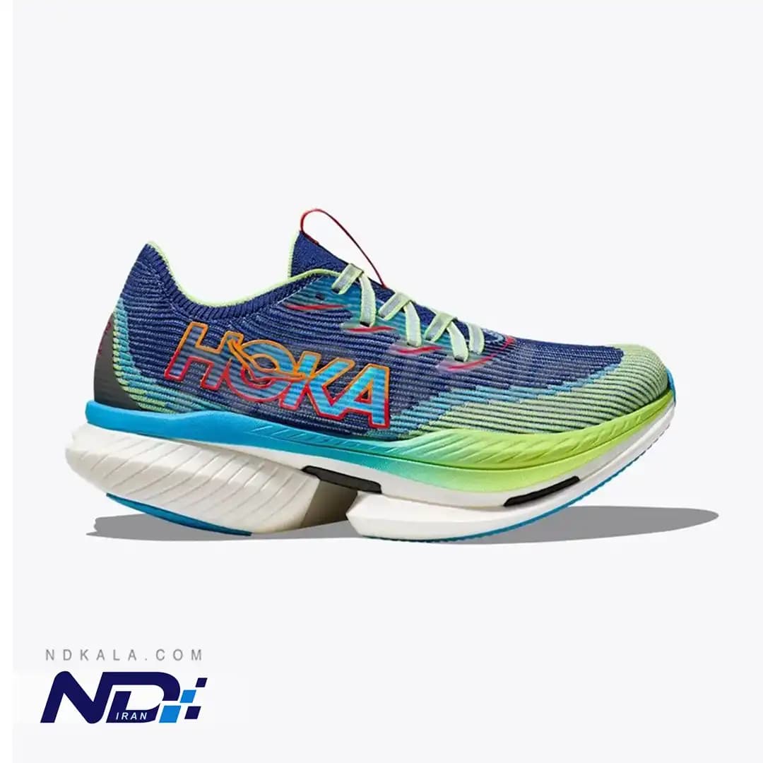 کتونی تخصصی رانینگ هوکا مدل HOKA Cielo X1 مجهز به صفحه کربن و فوم سوپرکریپتیک PEBA با جعبه بارکد دار (رنگ آبی سبز)