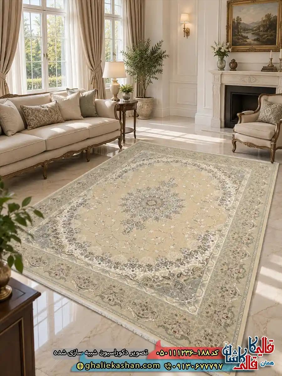 فرش کلاسیک 1200 شانه طرح مرجان رنگ بژ گل برجسته کاشان