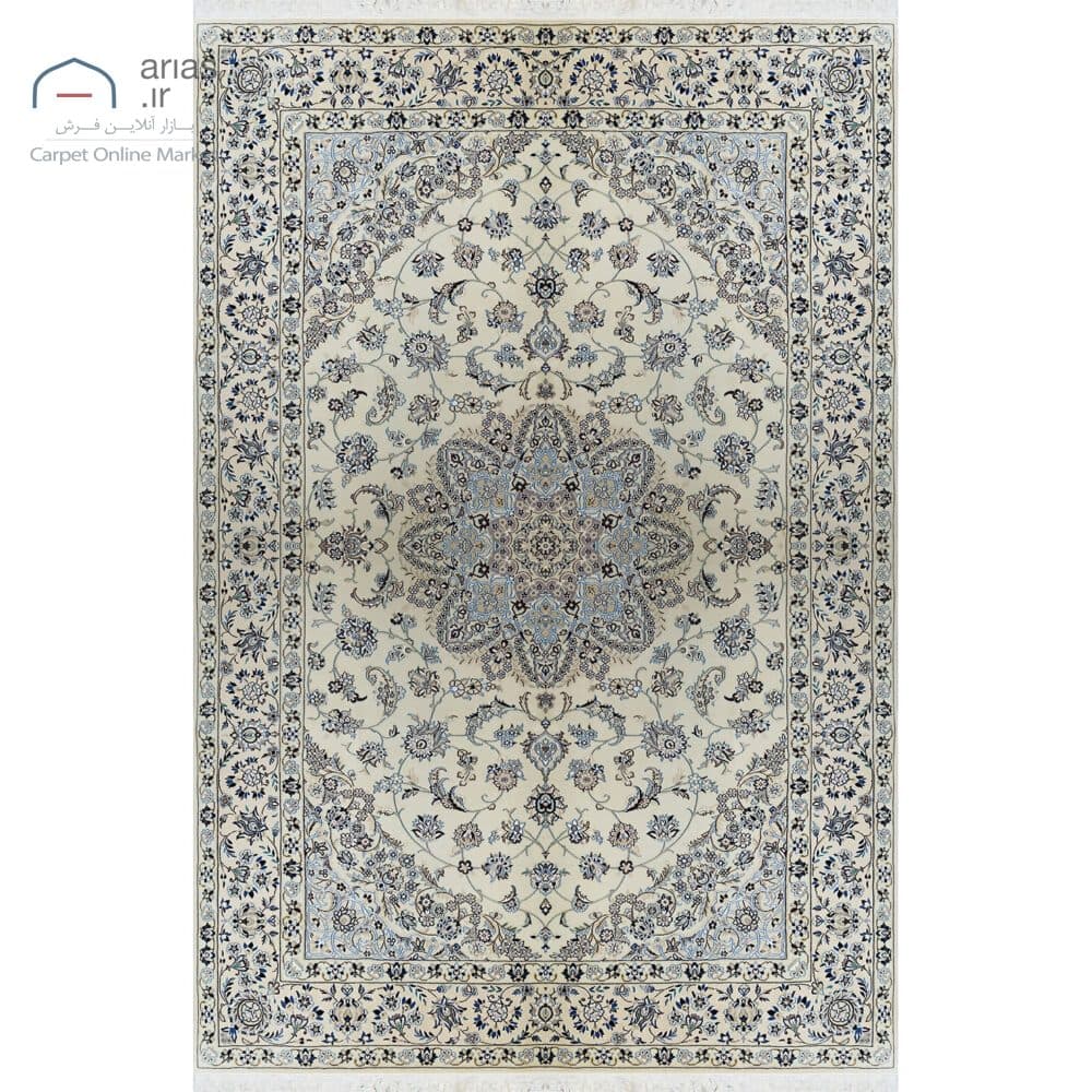 فرش دستباف نایین کرم نقشه لچک و ترنج ۹ لا گل ابریشم – ۶ متری کد D28158