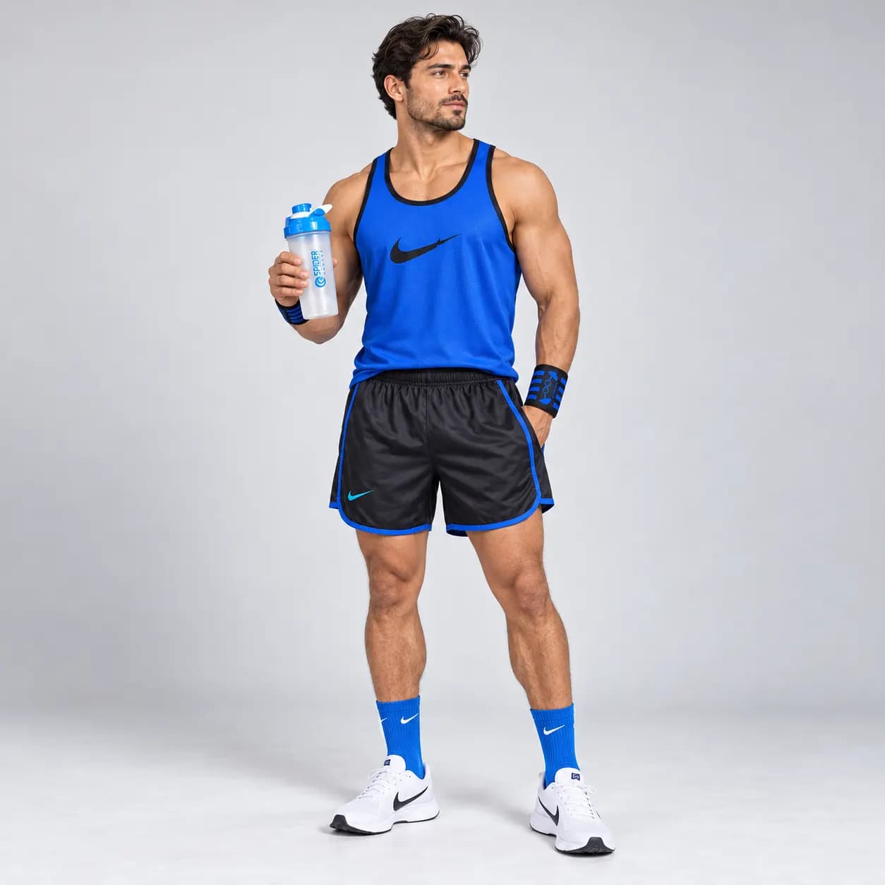 ست ورزشی پکیج مردانه نایک | رکابی + شلوارک + مچ بند + شیکر + جوراب NIKE — تصویر ۲