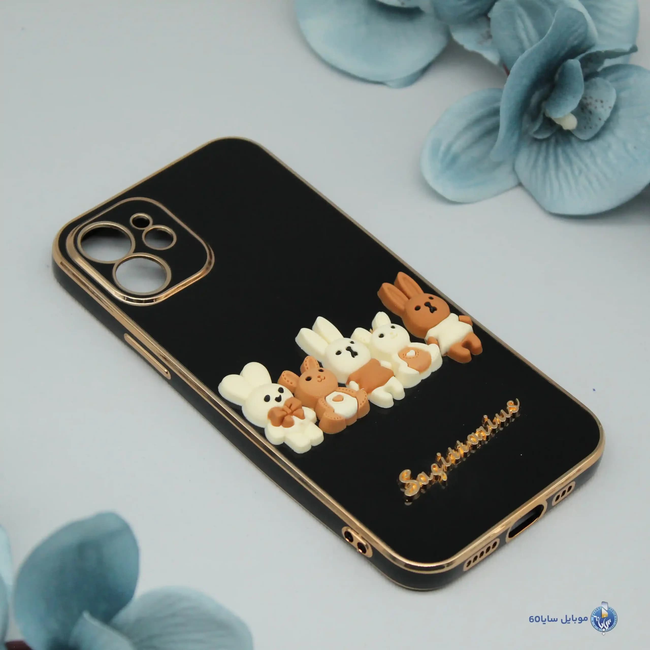 قاب گوشی IPHONE 12 اپل مدل عروسکی برجسته طرح خرگوش مشکی — تصویر ۲
