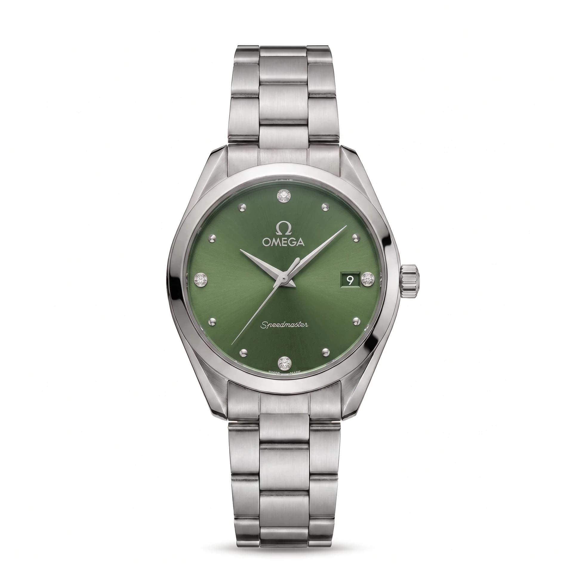 ساعت مچی زنانه امگا SPEEDMASTER مدل OMEGA-5963 نگیندار صفحه سبز یشمی بند استیل نقرهای