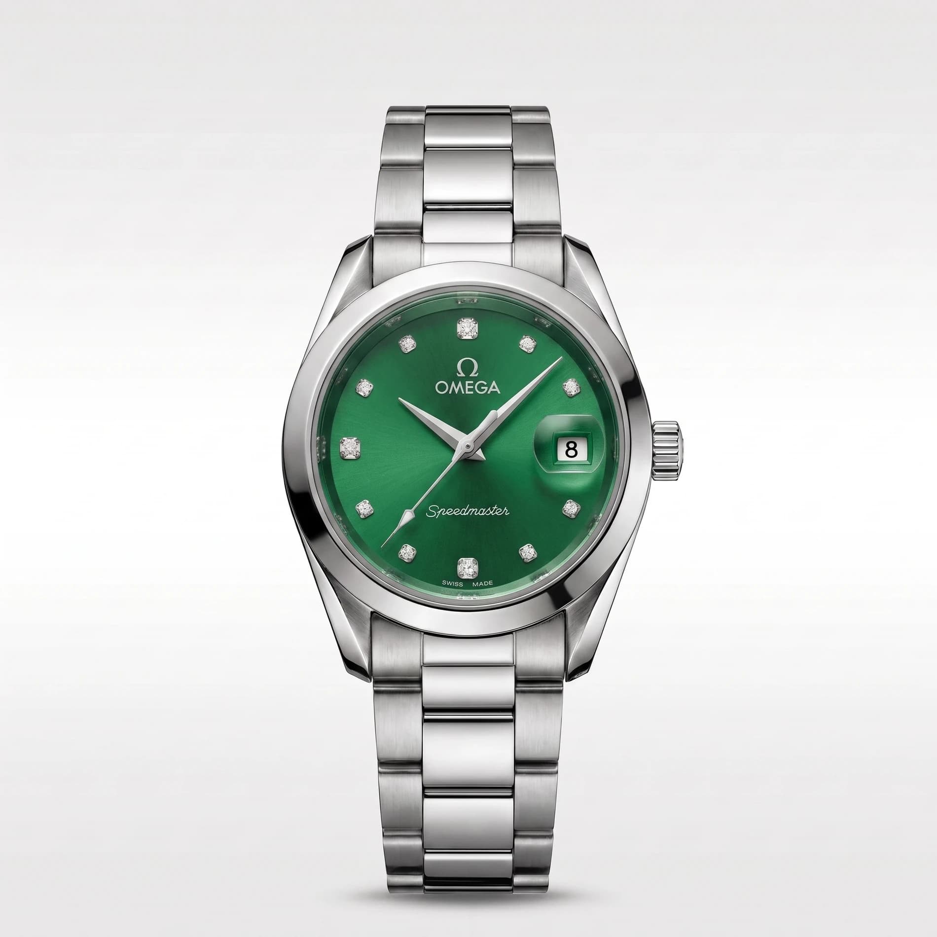 ساعت مچی زنانه امگا SPEEDMASTER مدل OMEGA-9693 بند استیل نقرهای صفحه سبز یشمی
