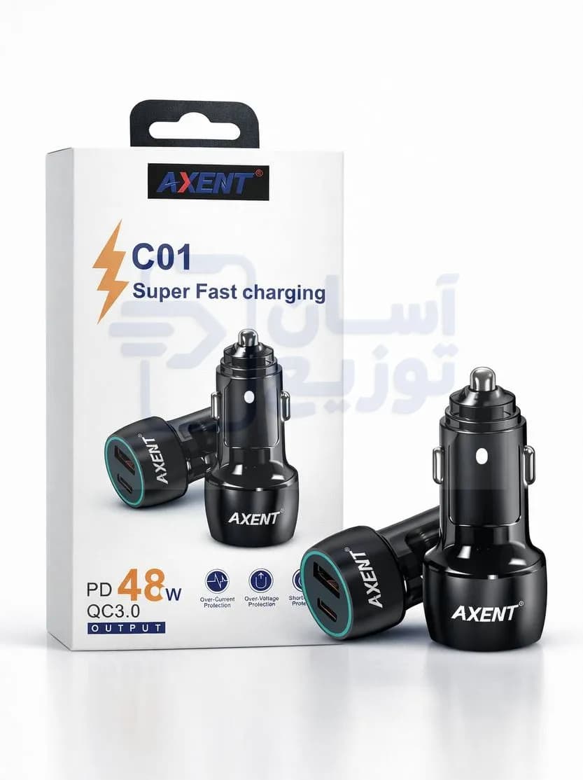 شارژر فندکی 48 وات 2خروجی اکسنت Axent مدل C01 خروجی تایپسی + خروجی USB با گارانتی 6 ماهه آسان توزیع — تصویر ۳