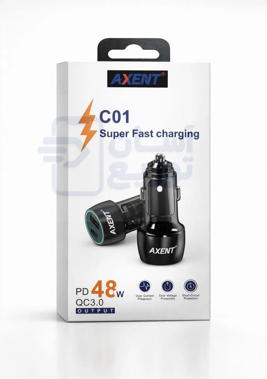 شارژر فندکی 48 وات 2خروجی اکسنت Axent مدل C01 خروجی تایپسی + خروجی USB با گارانتی 6 ماهه آسان توزیع — تصویر ۲