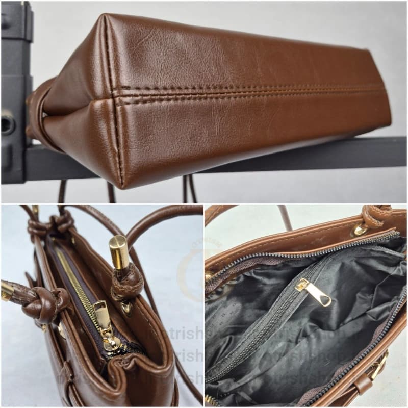 کیف دخترانه چرمی کشیده سگکدار (چرم صنعتی لئو، بند دستی گرهای، ابعاد ۳۰x۷x۱۴) — تصویر ۴
