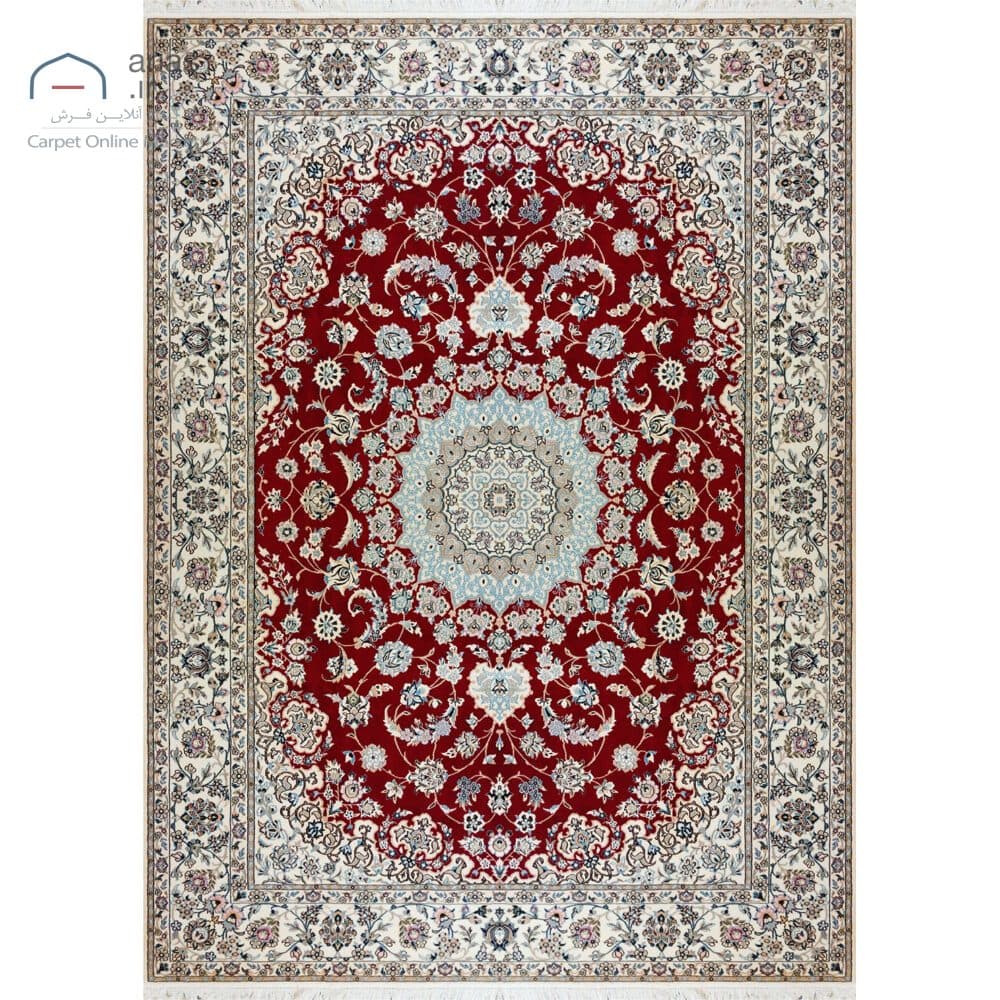 فرش دستباف نایین لاکی نقشه لچک و ترنج ۹ لا گل ابریشم – ۹ متری کد D28207