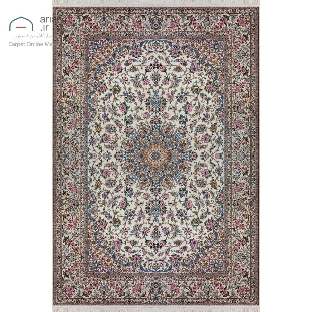 فرش دستباف نایین ۹لا کرم نقشه لچک و ترنج گل ابریشم – ۶ متری کد D28171
