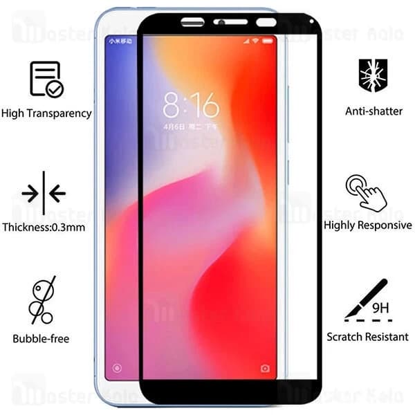 محافظ صفحه شیشه ای تمام صفحه تمام چسب Xiaomi Redmi 6 / Redmi 6A 9D Glass — تصویر ۳