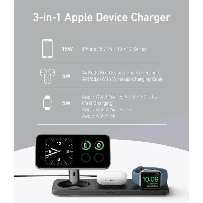 شارژر بی سیم انکر مدل MagGo 3-in-1 B25M13 15W — تصویر ۵