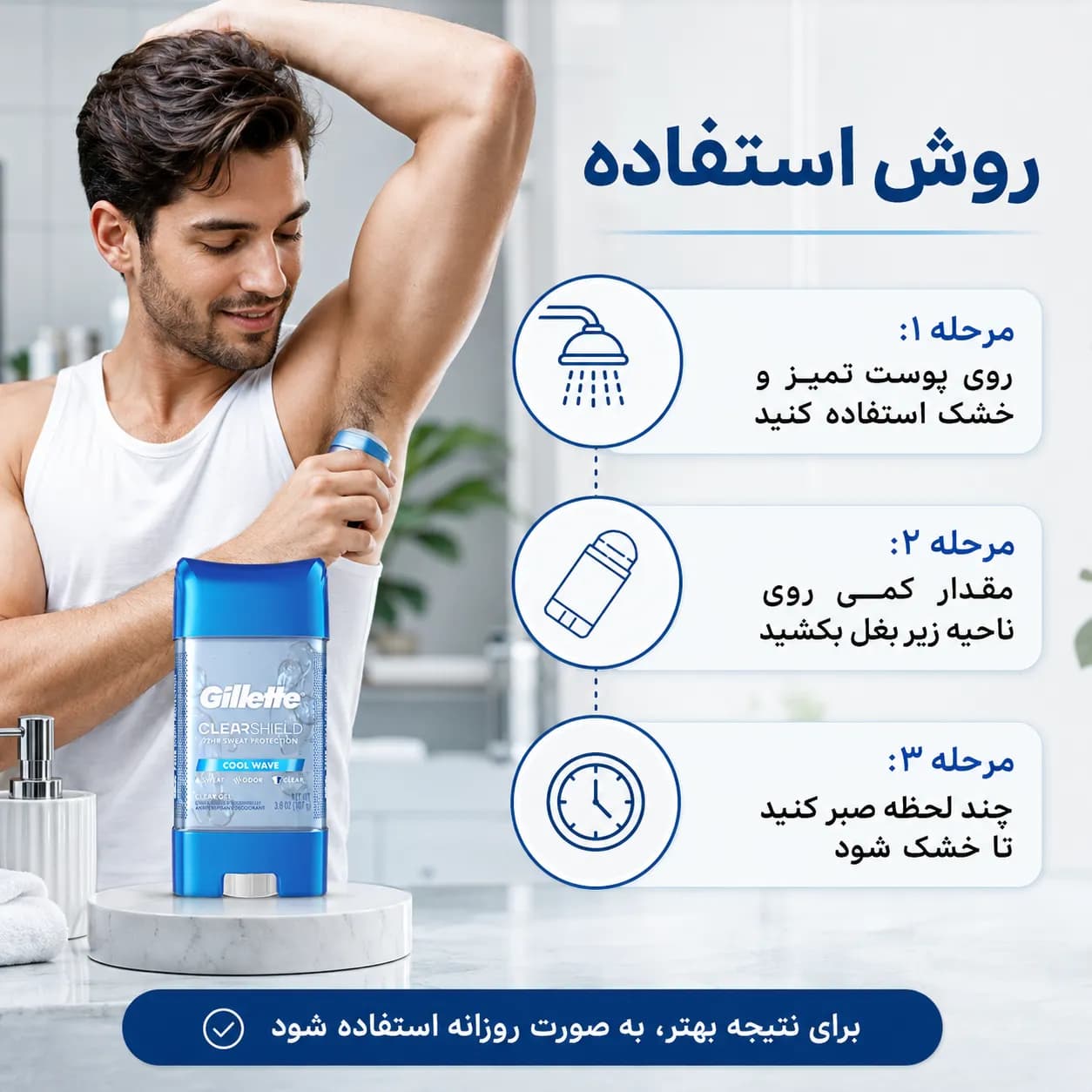 ژل ضدتعریق و دئودورانت مردانه ژیلت با محافظت ۷۲ ساعته وزن ۱۰۷ گرم | Gillette ClearShield Cool Wave - یاز شاپ — تصویر ۳