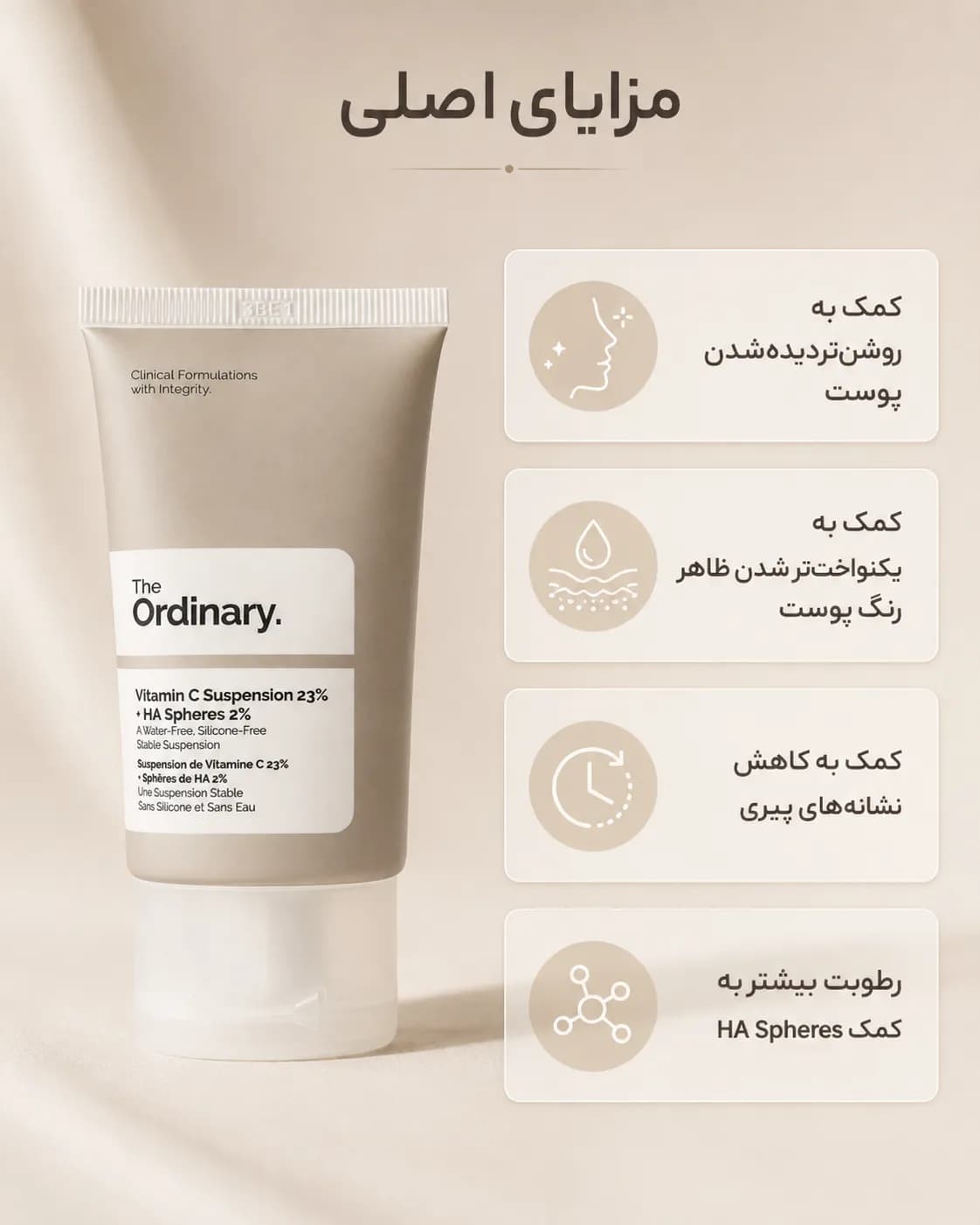 کرم سوسپانسیون ویتامین C خالص ۲۳٪ و هیالورونیک اسید اوردینری ۳۰ میل | The Ordinary Vitamin C Suspension 23% + HA Spheres 2% - یاز شاپ — تصویر ۴