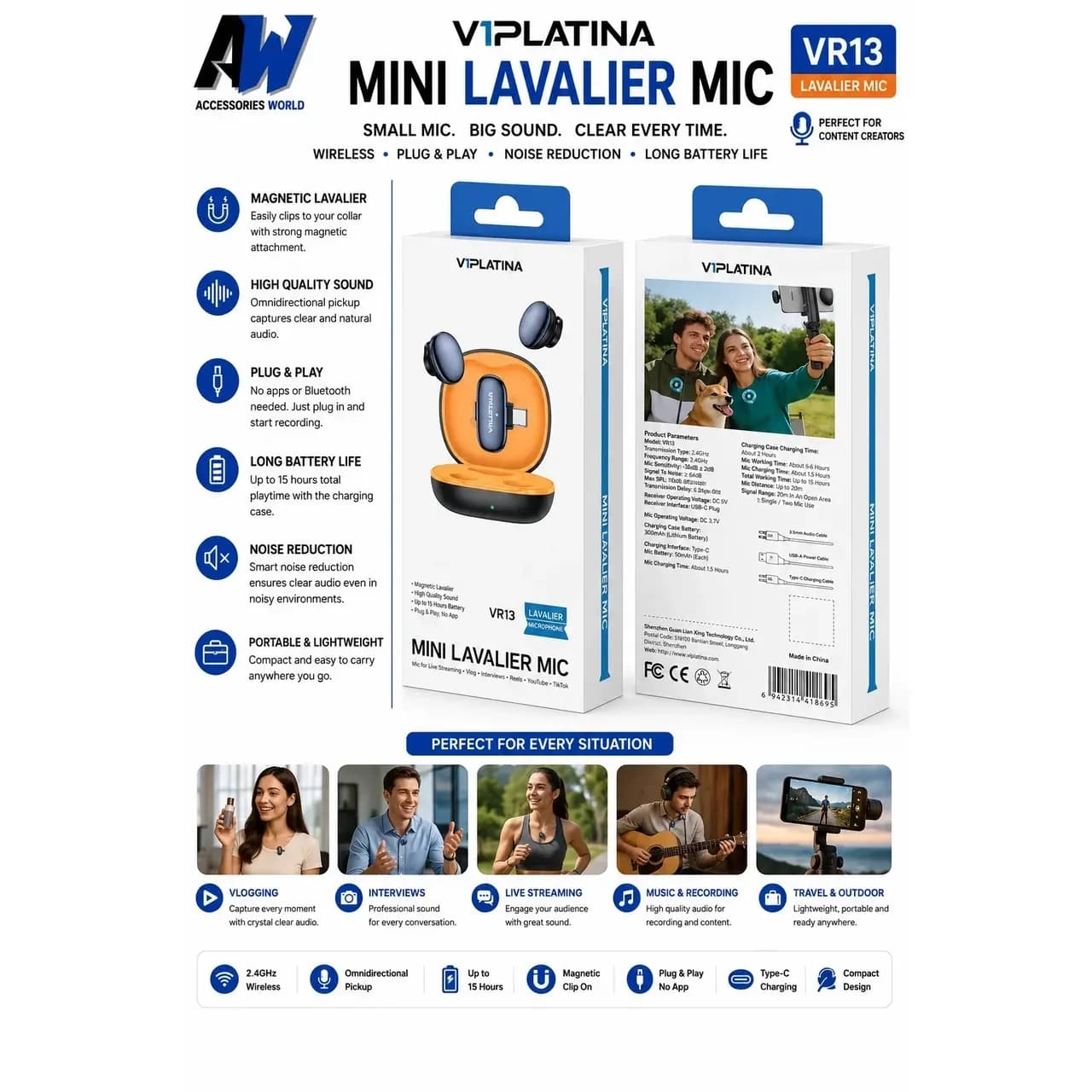 میکروفون بی سیم VIPLATINA Type-C مدل VR13 – مشکی (گارانتی شش ماه تعویض نیکان همراه) — تصویر ۳