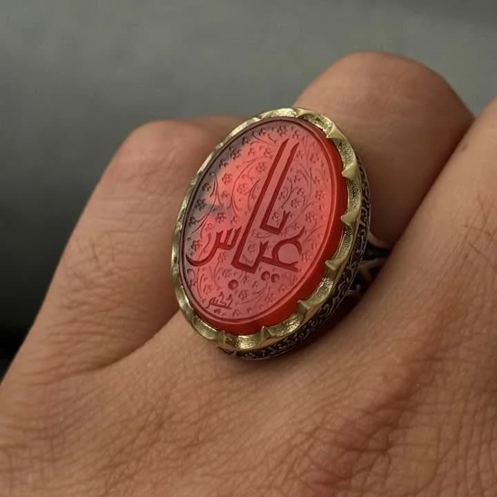 انگشتر مردانه عقیق سرخ خطی ذکر یا عباس کد 3652 — تصویر ۳