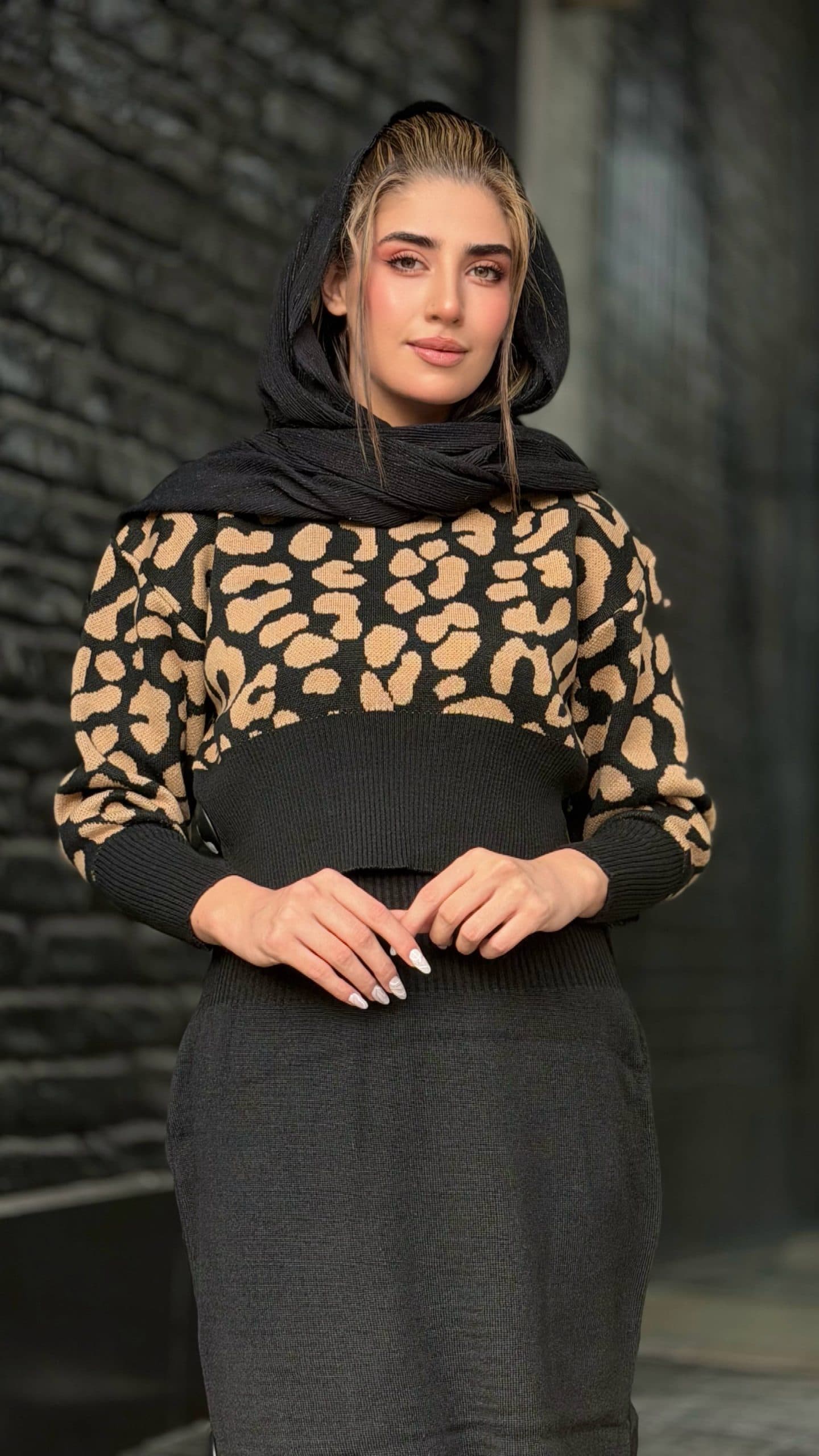 ست کراپ سارافون پلنگی مشکی کرم