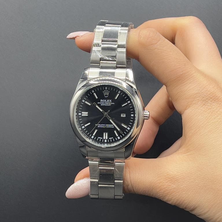 ساعت مردانه رولکس دیت جاست پرپچوال صفحه مشکی با بند استیل نقره ای Rolex date just — تصویر ۲