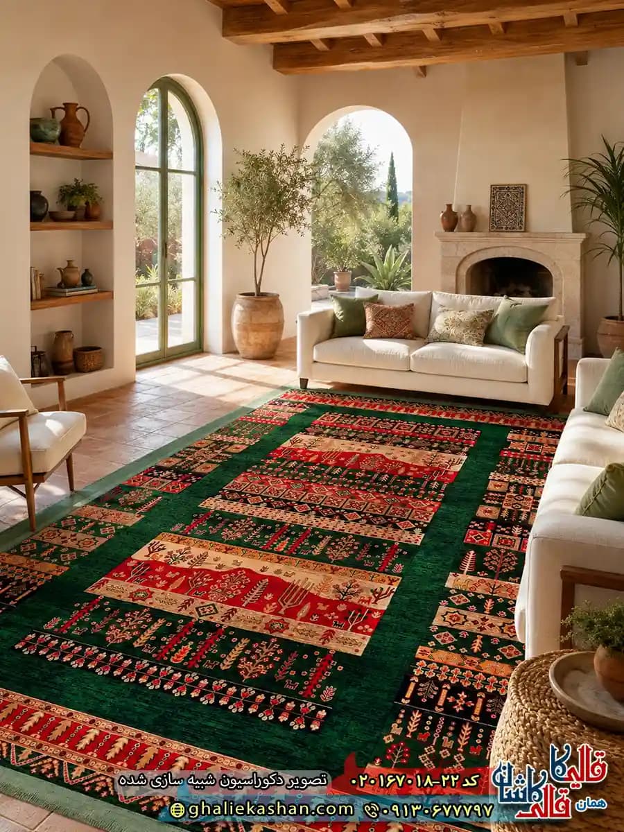 فرش سنتی 700 شانه طرح قشقایی می گل رنگ سبز کاشان