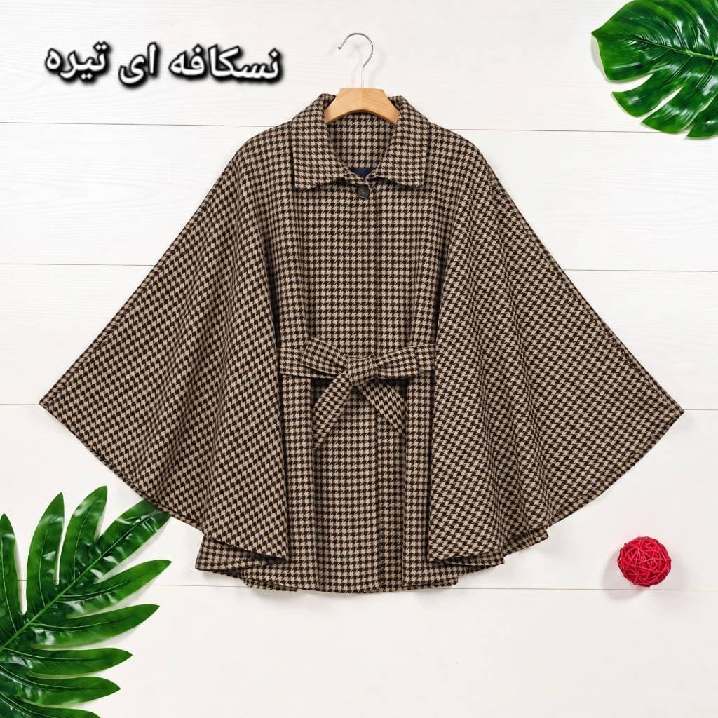 شنل زنانه آیلار توییت پشمی پیچازی کمربنددار یقه دکمهدار سفید طوسی (کد: ۲۴۳۶۱) — تصویر ۲