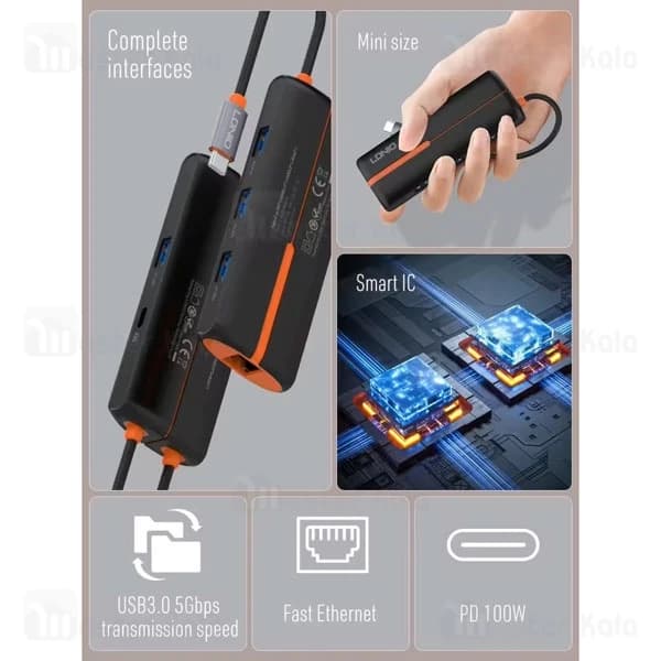 هاب 6 پورت تایپ سی الدینیو LDNIO DS-26U توان 100 وات — تصویر ۳