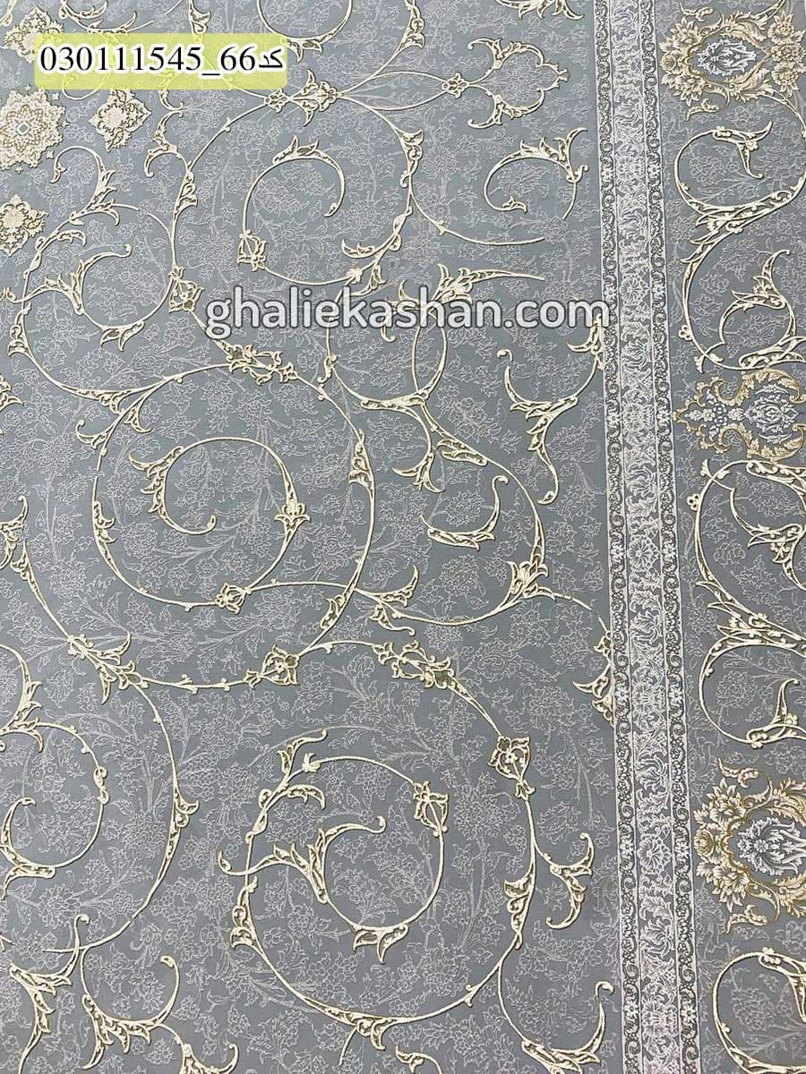 فرش طلاکوب 1500 شانه طرح افشان اسلیمی زمینه طوسی کاشان – گل برجسته — تصویر ۳