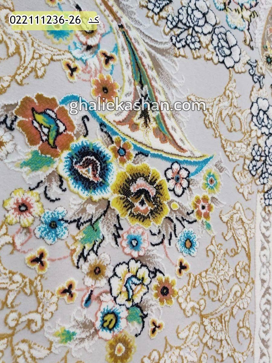 فرش 1200 شانه طرح خشتی زمینه نقره ای کاشان – گل برجسته — تصویر ۳