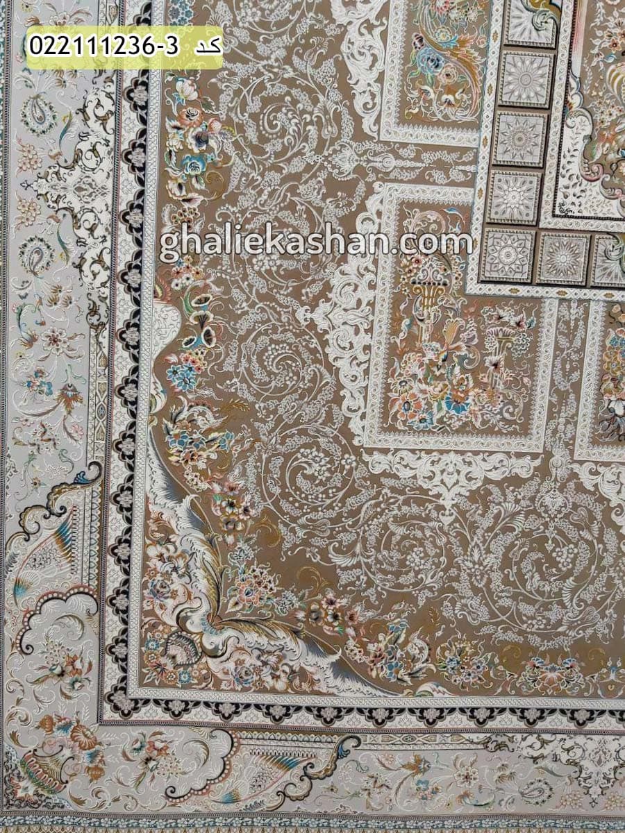 فرش 1200 شانه خشتی طرح آذین زمینه نسکافه ای کاشان – گل برجسته — تصویر ۲