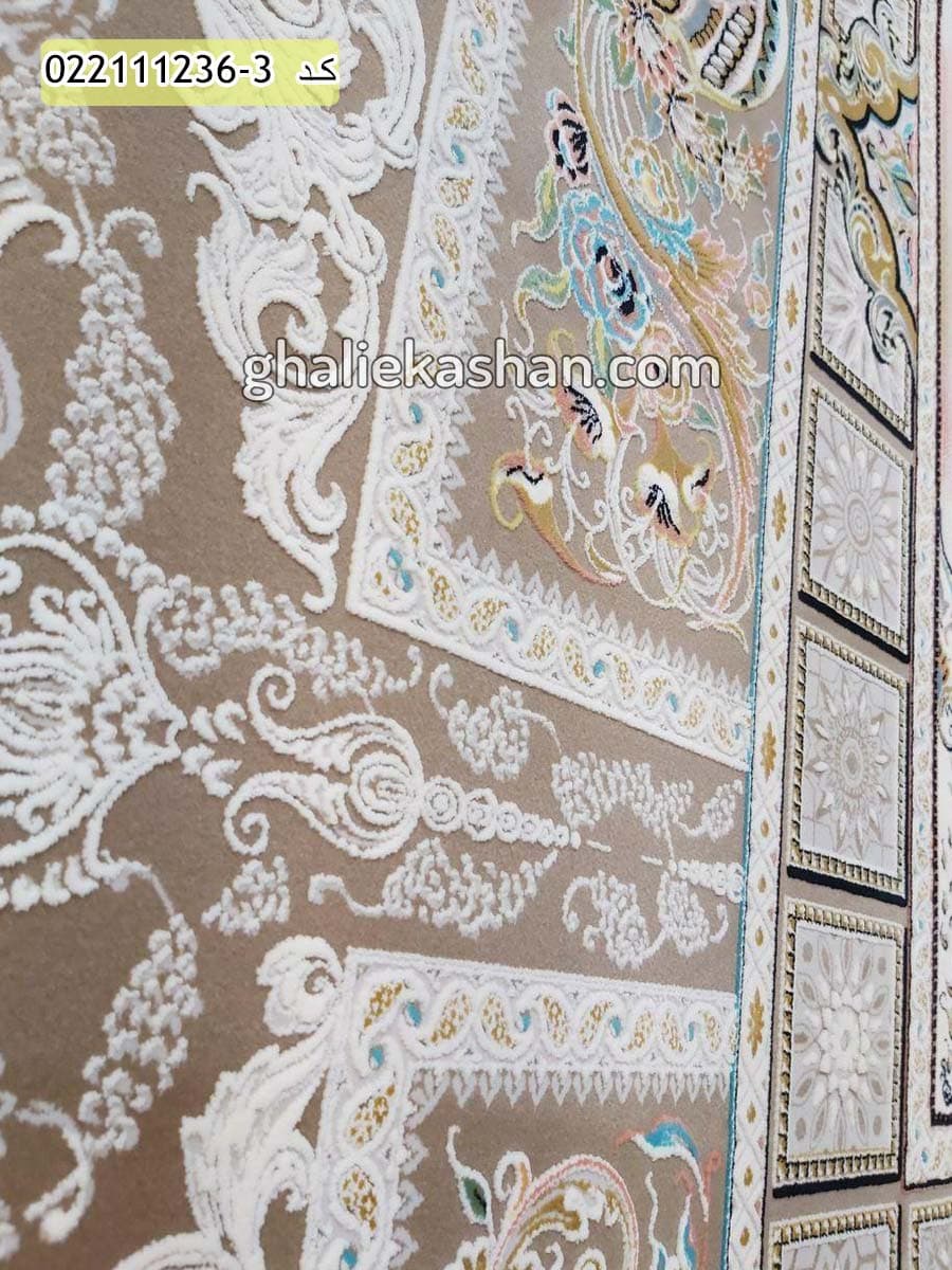 فرش 1200 شانه خشتی طرح آذین زمینه نسکافه ای کاشان – گل برجسته — تصویر ۳