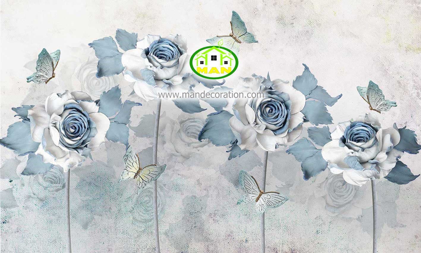 پوستردیواری آبرنگی گل آبی رنگ زمینه طوسی کد 5122