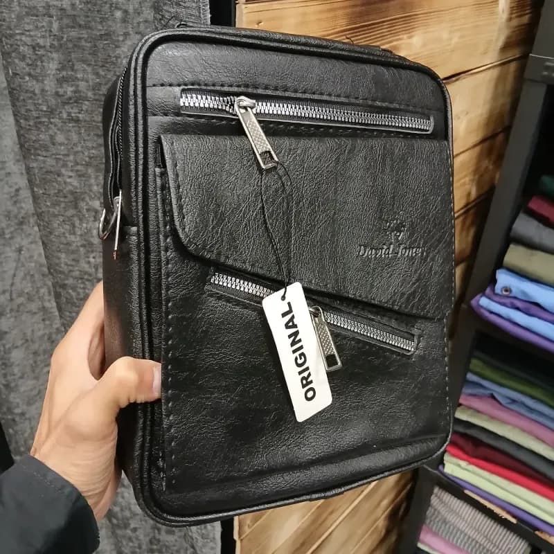 کیف دوشی اسپرت مردانه چرم مصنوعی طرح دیوید جونز مشکی و عسلی و قهوهای — تصویر ۵