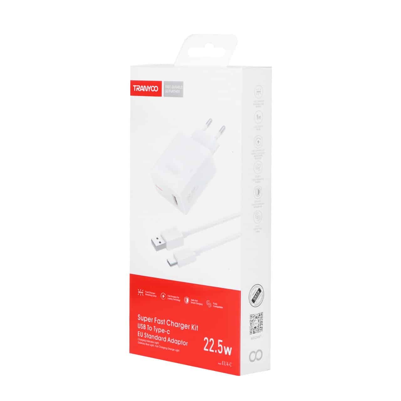 شارژر دیواری فست تک پورت Tranyoo مدل EU4-C 22.5W همراه با کابل Type-C – سفید — تصویر ۵